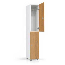 2-türiger Umkleidespind aus Holz mit kurzen Türen, auf Gleitern