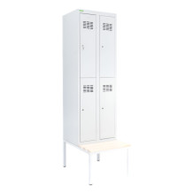4-türiger Garderobenschrank mit kurzen Türen, LOCKER H 2/4 mit hinzugefügter integrierter Sitzbank