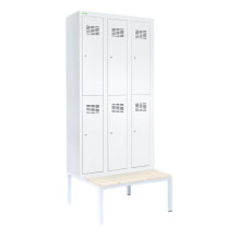 6-türiger Umkleideschrank mit kurzen Türen, LOCKER H 3/6 mit ergänzter integrierter Sitzbank