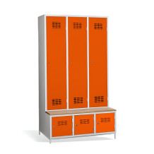 3+3-türiger Garderobenschrank mit Trennwand, integrierter Sitzbank und Schuhschränken, COMFORT H 3 BW