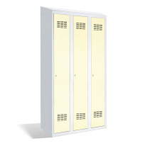 3-türiger Garderobenschrank mit Trennwand und integriertem Schrägdach, LOCKER H 3 BWM TOP SHELF