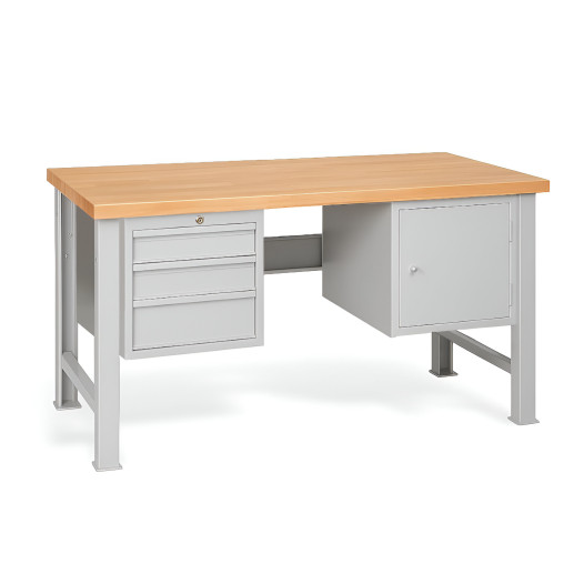 MODULBENCH GE 1500 D3C1 | Werkbank mit 3 Hängeschubladen und Schrank, mit festen Standbeinen, 1500 mm