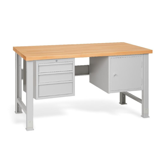 Werkbank mit 3 hängenden Schubladen und Schrank, mit verstellbaren Beinen, 1500 mm