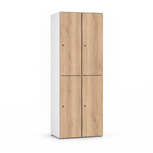 4-türiger Umkleidespind aus Holz mit kurzen Türen, auf Gleitern
