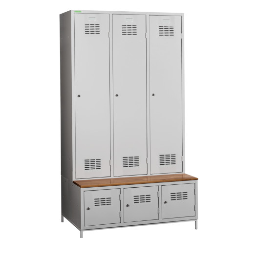 3+3-türiger Garderobenschrank mit Trennwand, integrierter Sitzbank und Schuhschränken, COMFORT H 3 BW